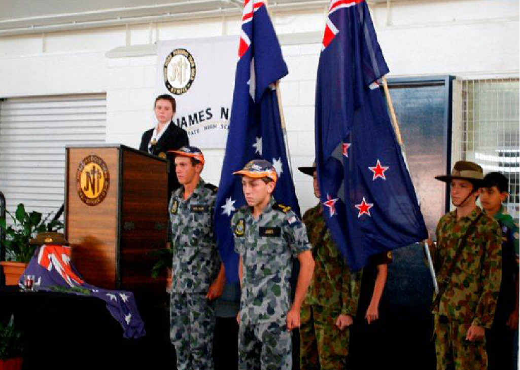 The flag party from James Nash State High School’s Anzac Day Ceremony. The flag party from James Nash State High School’s Anzac Day Ceremony.
